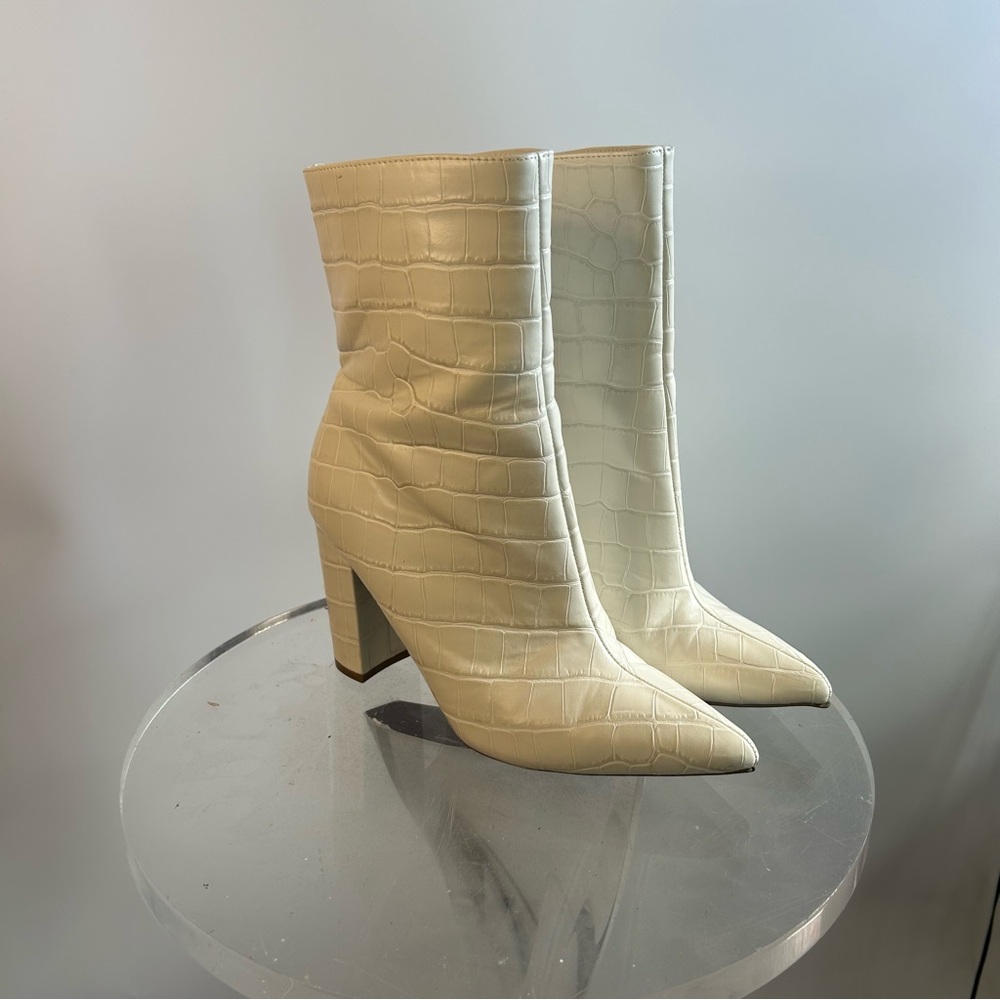 BAMBOO GoGo Cream Croc-Embossed Heeled Boots